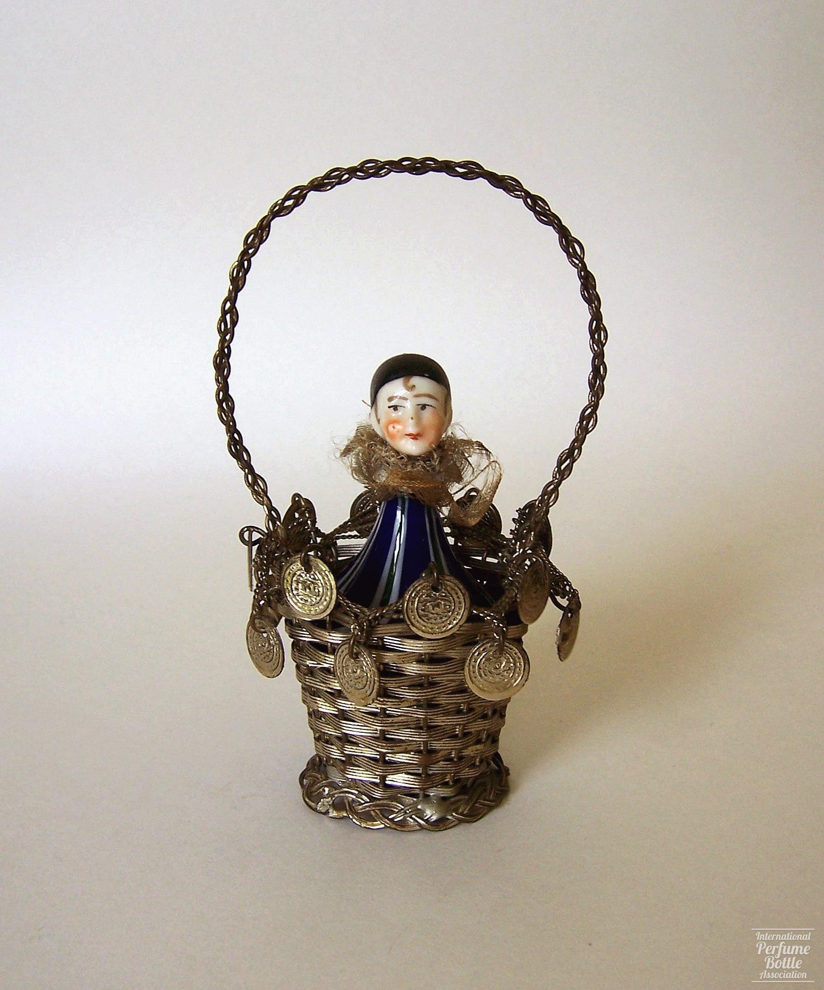 Blown Glass Pierrot in Silver Basket