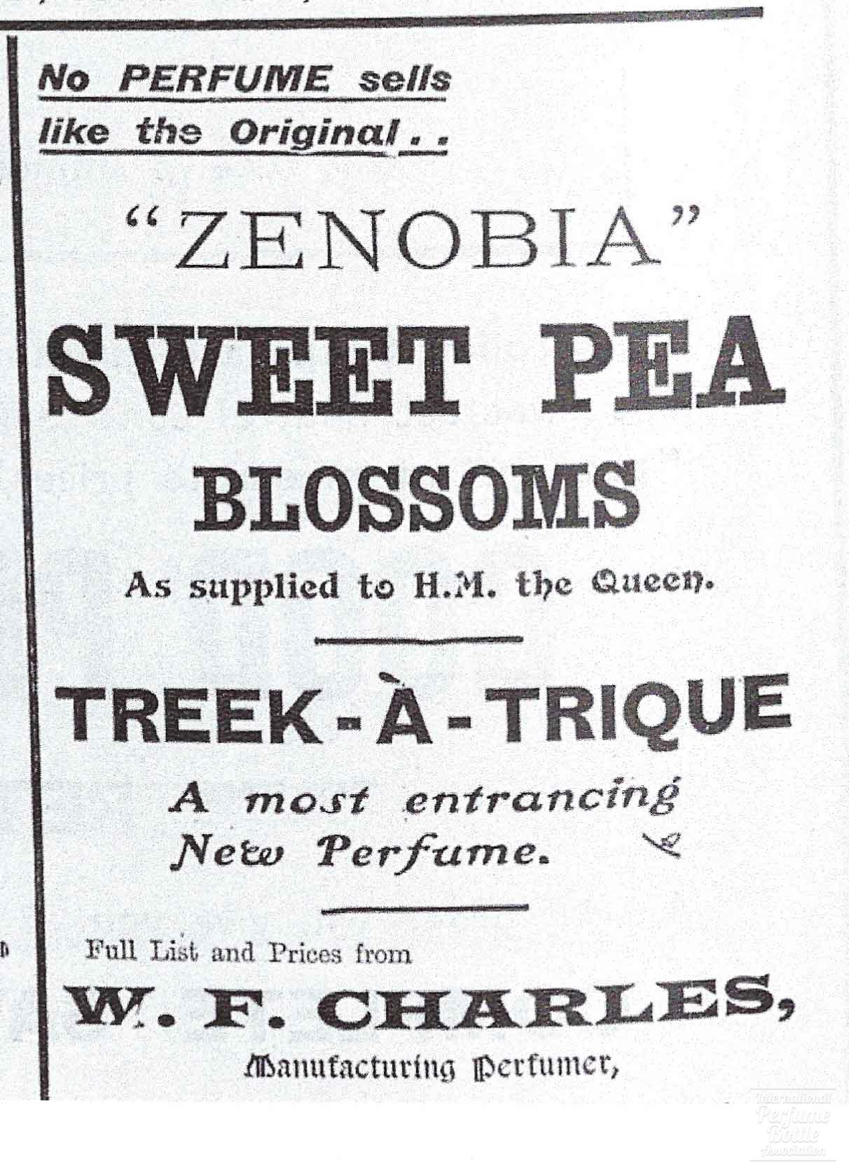 "Sweet Pea Blossoms" by Zenobia Advertisement - 1906