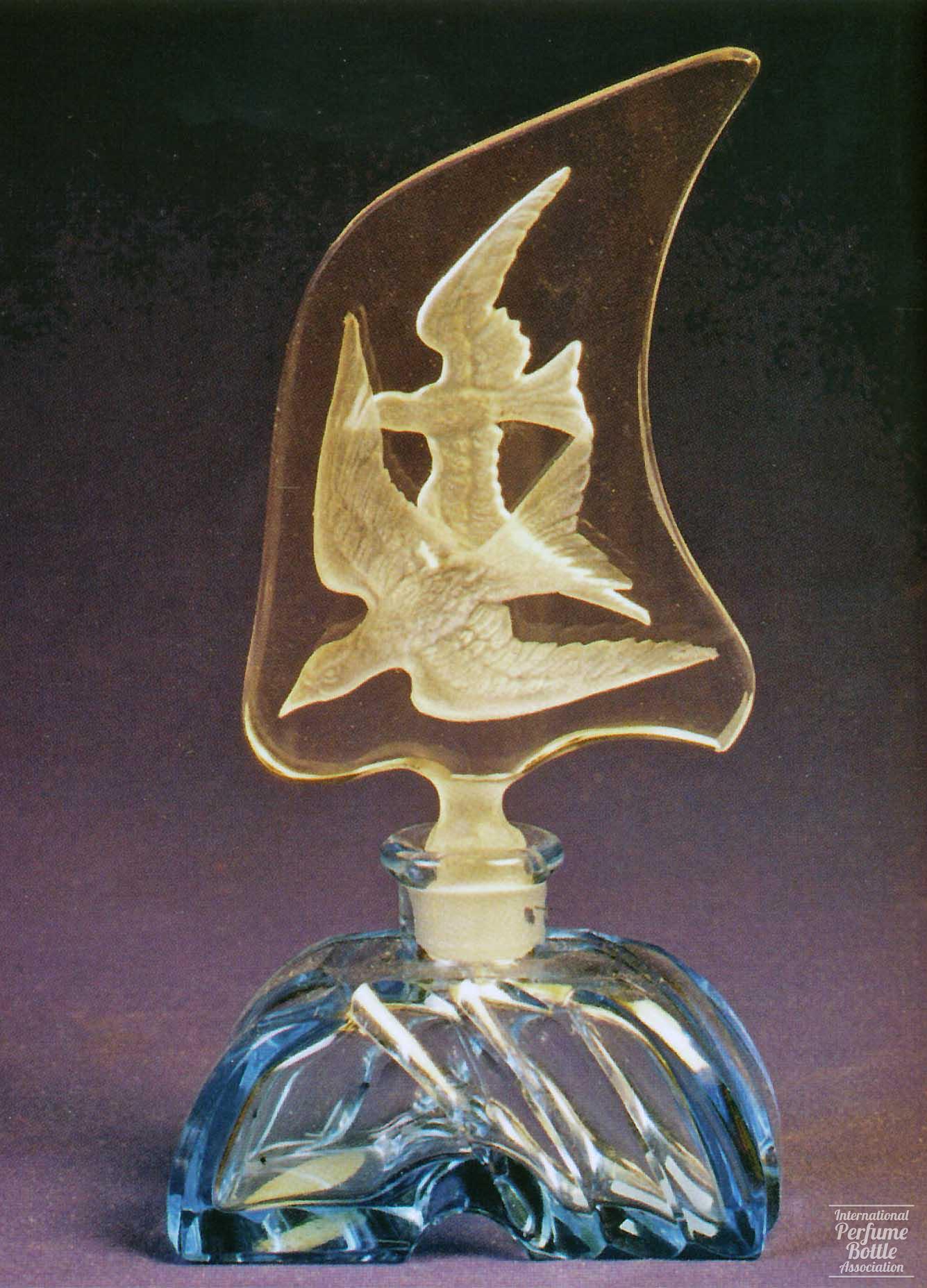 Blue Czech Bottle With Birds on Stopper