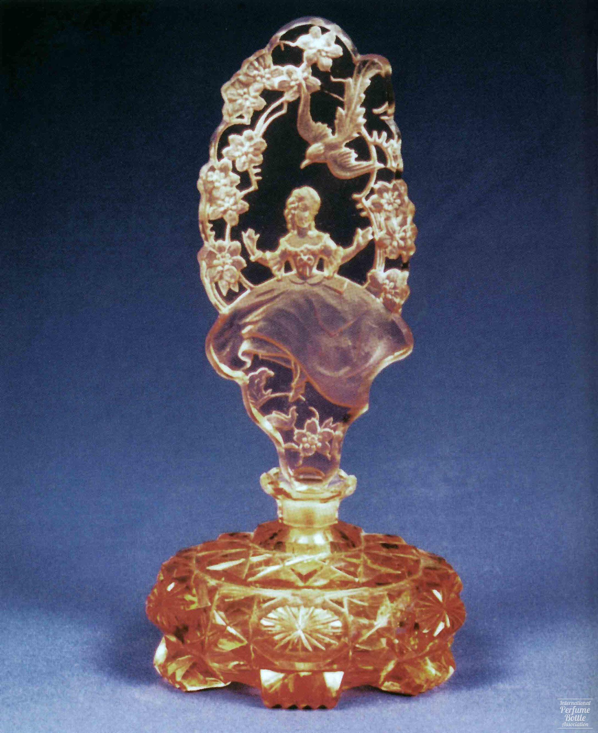 Peach Czech Bottle With Lady and Tropical Bird