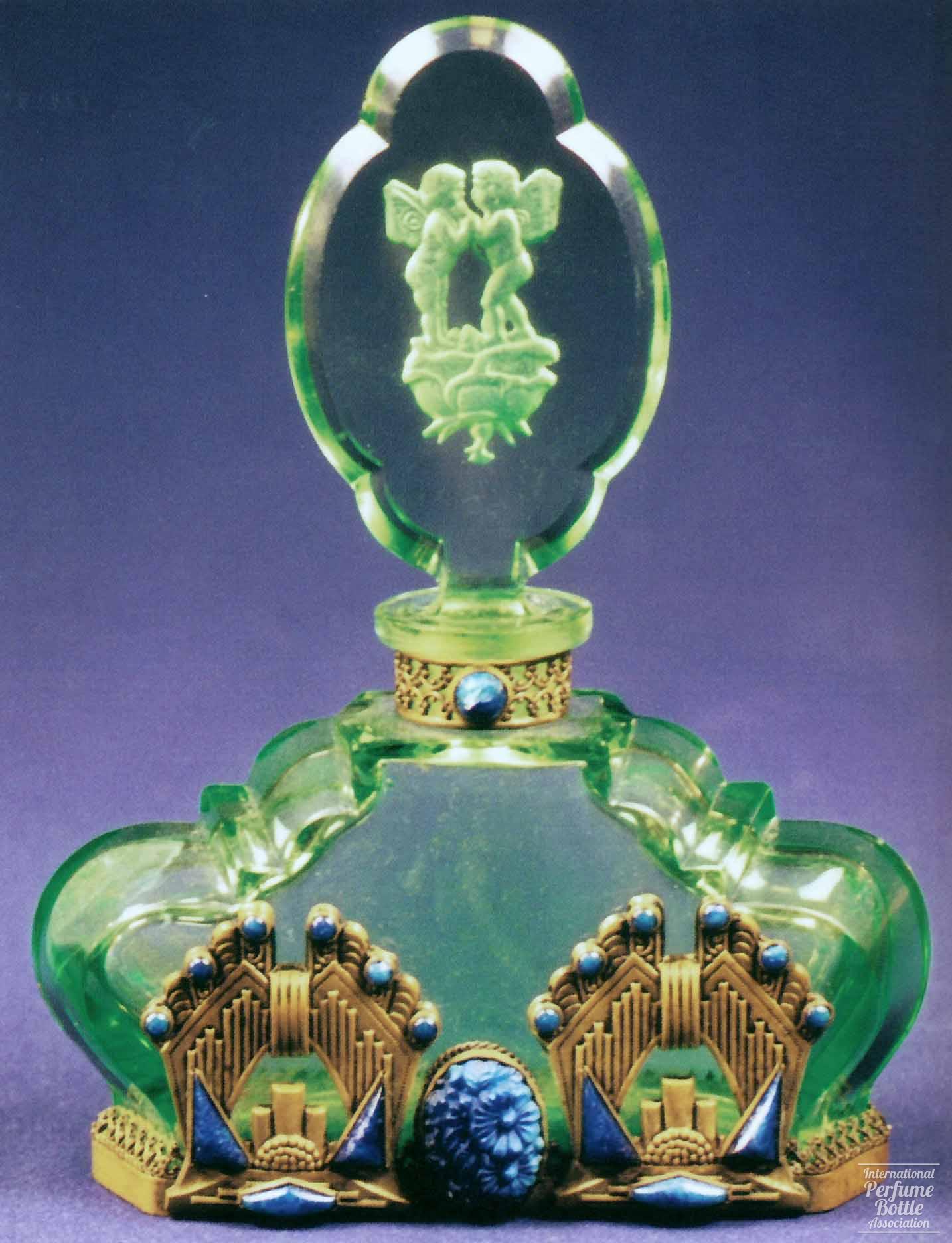 Green Jeweled Czech With Kissing Cherubs