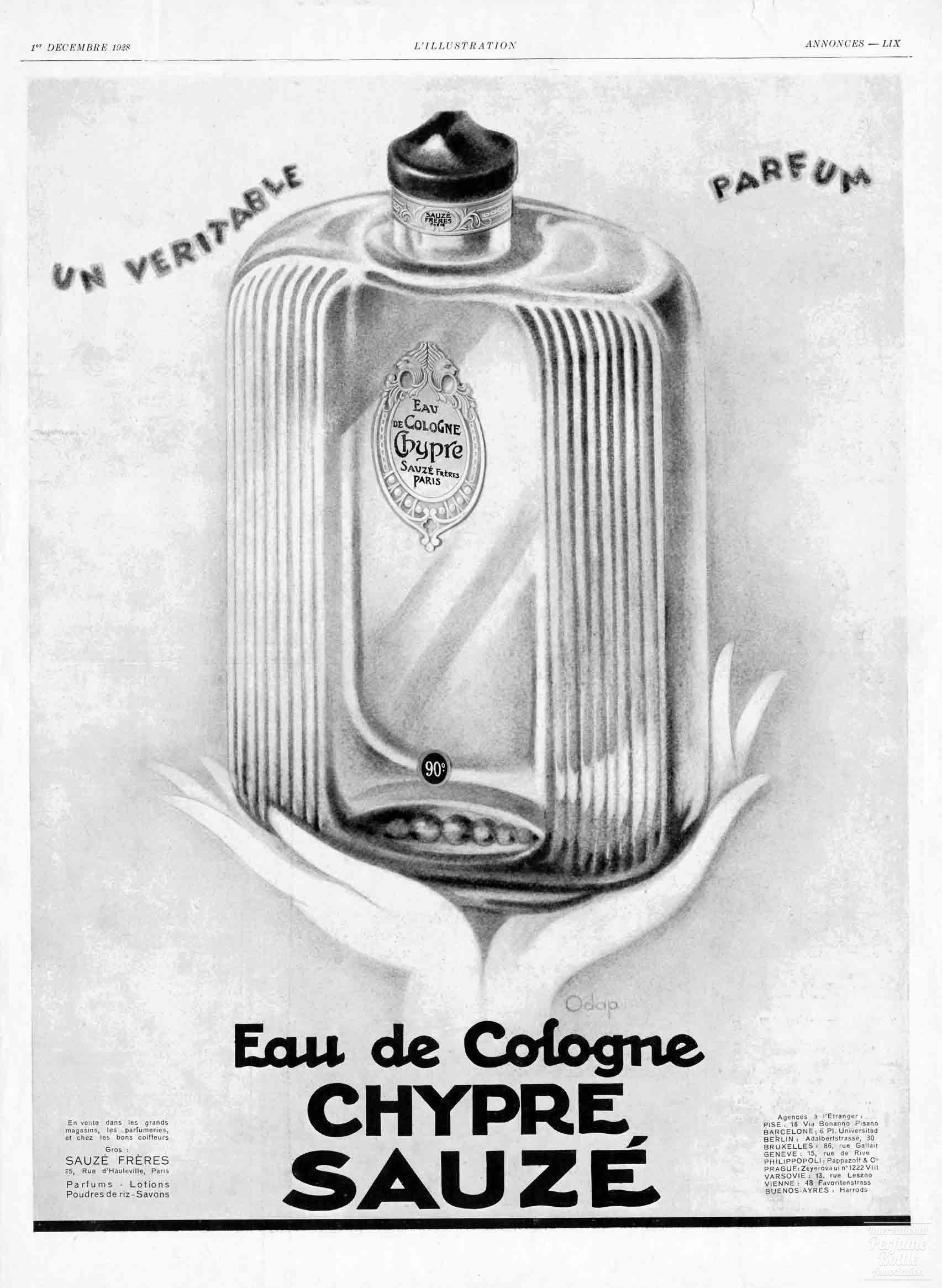 "Chypre" Eau de Cologne by Sauzé Fréres Advertisement – 1928