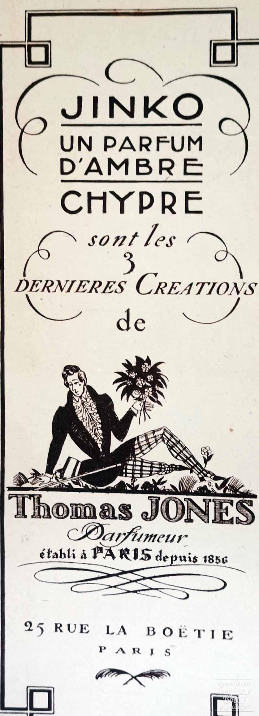 "Jinko", "Un Parfum d'Ambre", and "Chypre" by T. Jones Advertisement - 1924