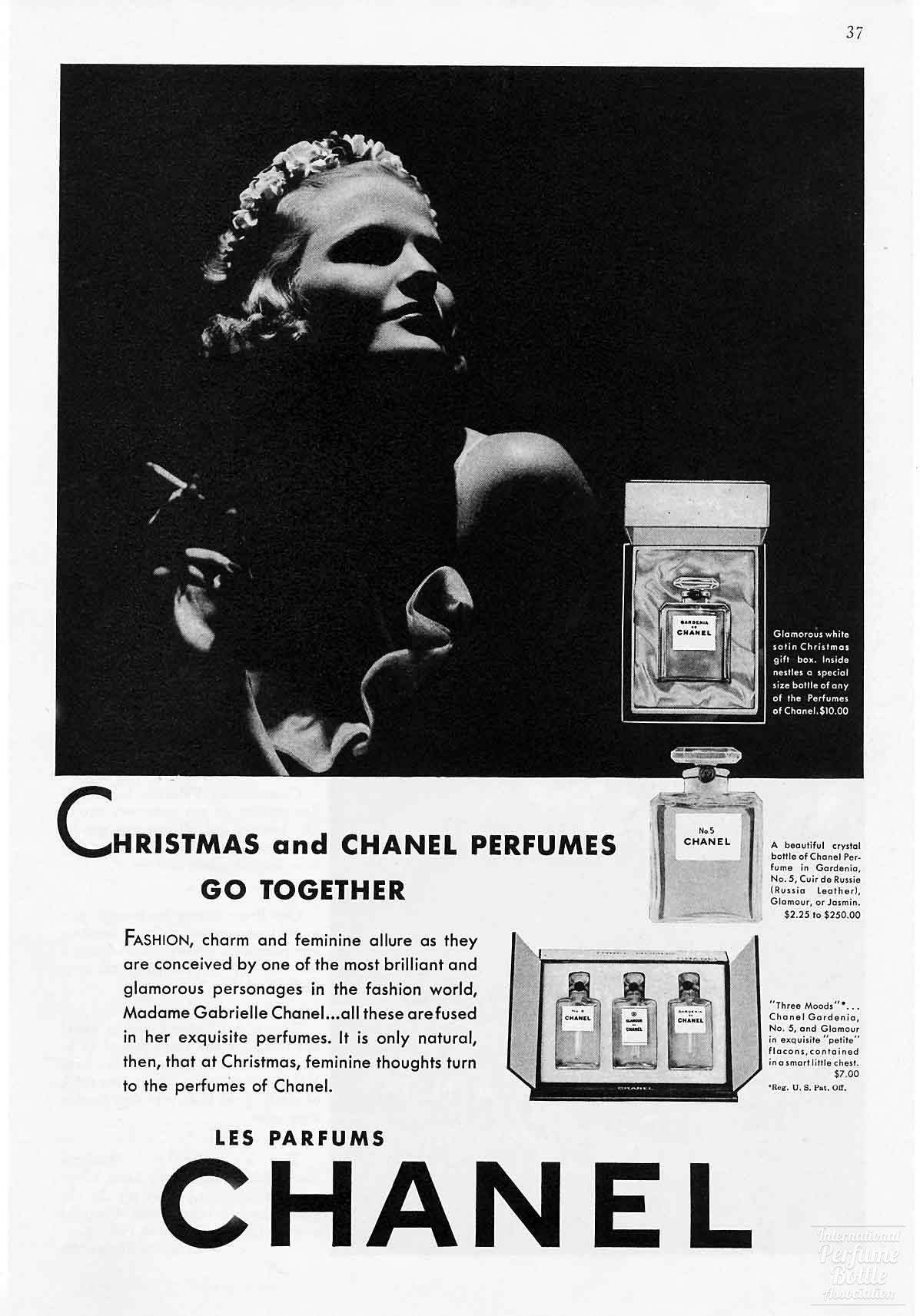 "Gardenia", "No. 5", and "Glamour" by Chanel Advertisement - 1939